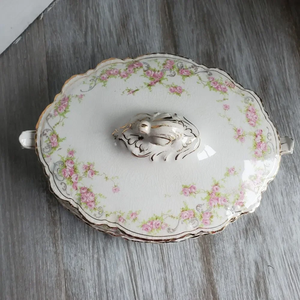 Antique Homer Laughlin Hudson Floral Tureen with Lid Floral Gold Trim H-170